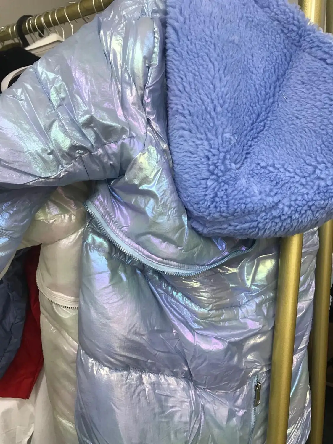 

MSXU 2020 Women Round Neck Thick Hooded Down Cotton Pullover Zipper Blue Lightweight Commuter Jacket