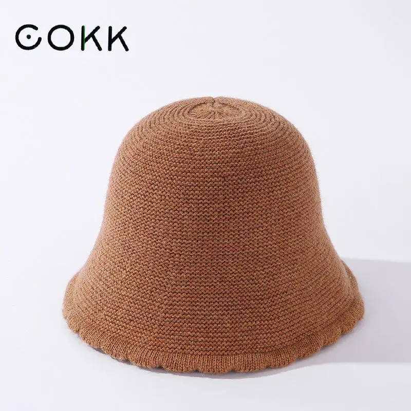 

COKK Bucket Hat Women's Winter Knitted Fisherman Hat Female Flower Brim Autumn Winter Cap Casual Vintage Bob Gorro Korean New