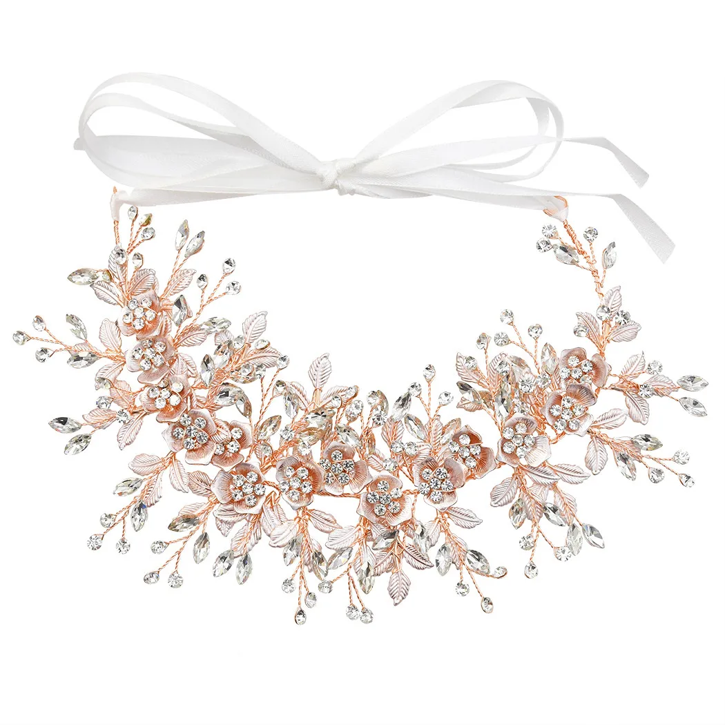 Baroque color Rose Gold Flower Hairbands Headbands Crown Crystal Bridal Wedding Hair Piece Accessories Head Chain Jewelry Tiara | Украшения