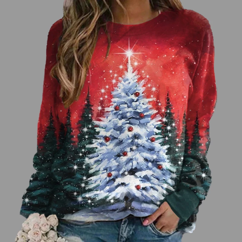 Ladies Street Clothes Casual Loose Long Sleeve Pullover Women Essentials Elegant Sweatshirt Christmas Tree Printed Tracksuits