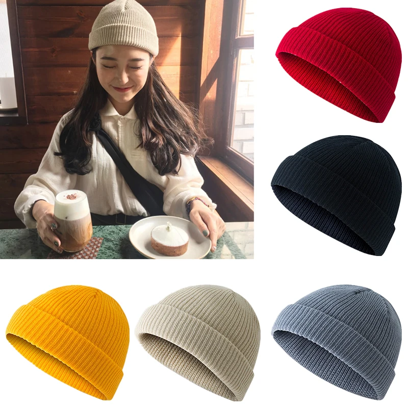 

Nieuwe Retro Winter Warm Mutsen Effen Kleur Hoed Skull Knit Cap Mannen Vrouwen Solid Gebreide Skullies Cap Mannelijke Zwarte