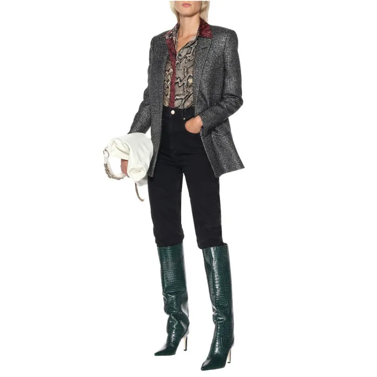 

Men Women Crocodile Pattern Sexy Knee-High Boots Pointed Toe Stiletto Heels Boots Brown Green White Black Boots 43 44 45 12 13