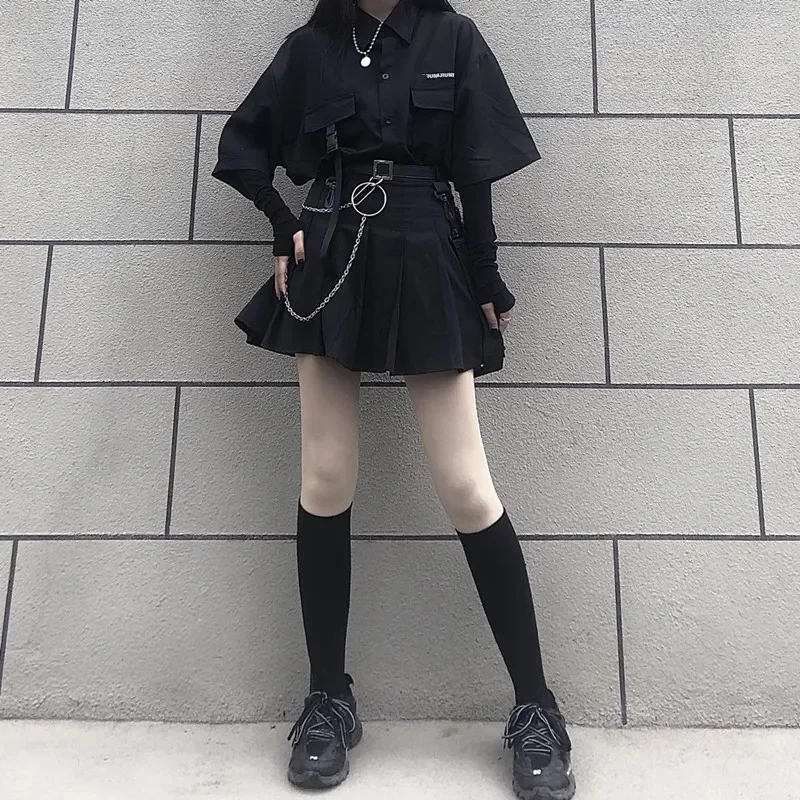 

Single / set summer Korean versatile dark loose BF shirt top ladies fashion two pieces set rock jupe dropshipping