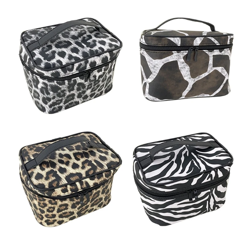 

H8WD Portable Travel Cosmetic Bag with Makeup Brush Holder Waterproof Toiletry Storage Box Leopard Zebra Pattern