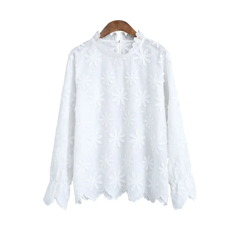Женская белая блузка с цветочной вышивкой кружевная воротником-стойкой и