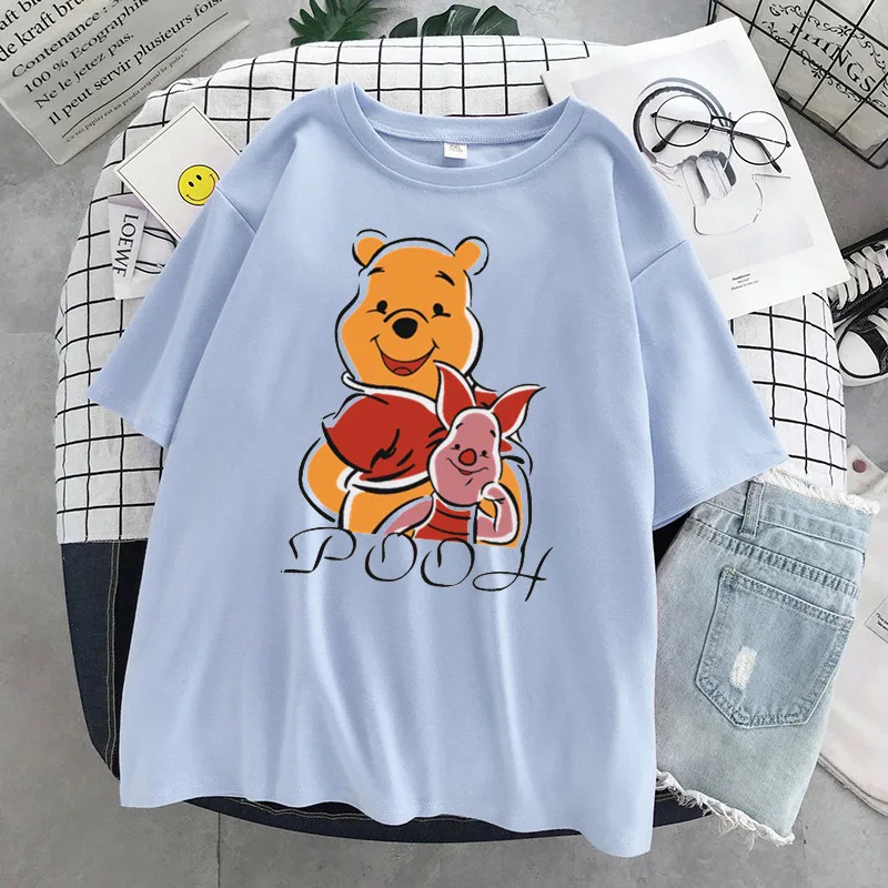 

Disney Women's T-shirts Pooh Bear Ulzzang Fashion Winnie Oversized Cartoon White Kawaii Tops Crop Teens For Girls Family Look