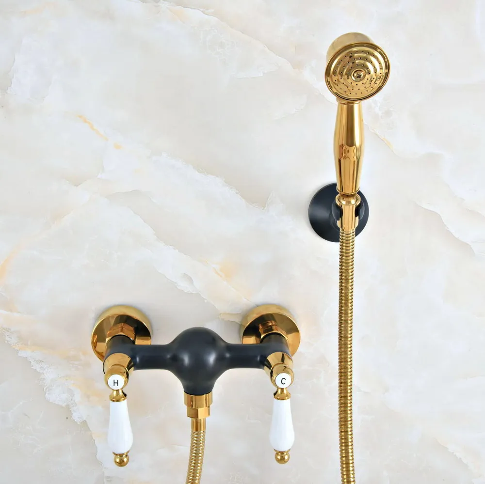

Wall Mounted Black Gold Color Brass Bathroom Two Ceramic Handles Shower Faucet Mixer Tap Set Telephone Shape Hand Spray ana499