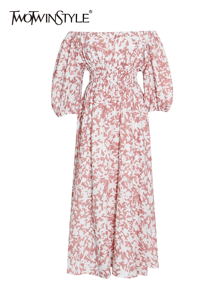 

TWOTWINSTYLE Vintage Print Dress For Women Sexy Off Shoulder Puff Slevees High Waist Long Dresses Female 2021 Autumn Fashion New