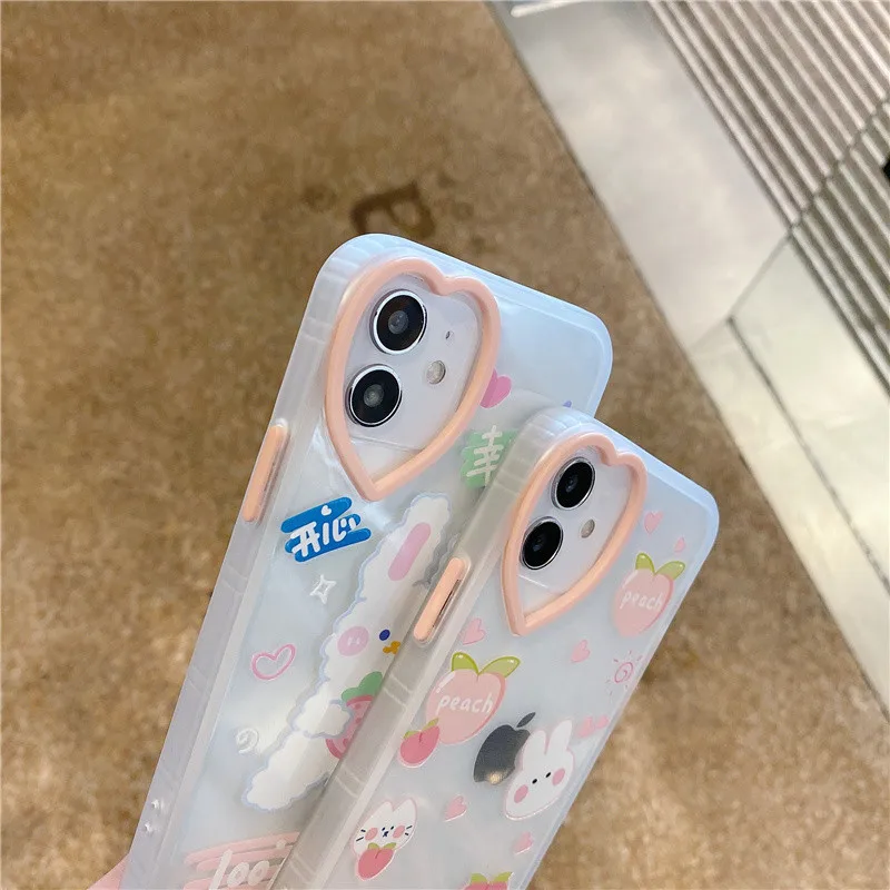 

Cartoon Rabbit Peach Phone Case For iPhone 11 Pro Max 12 Mini X XS XR 8 Plus 7 SE 2020 Transparent Soft TPU Silicone Cover