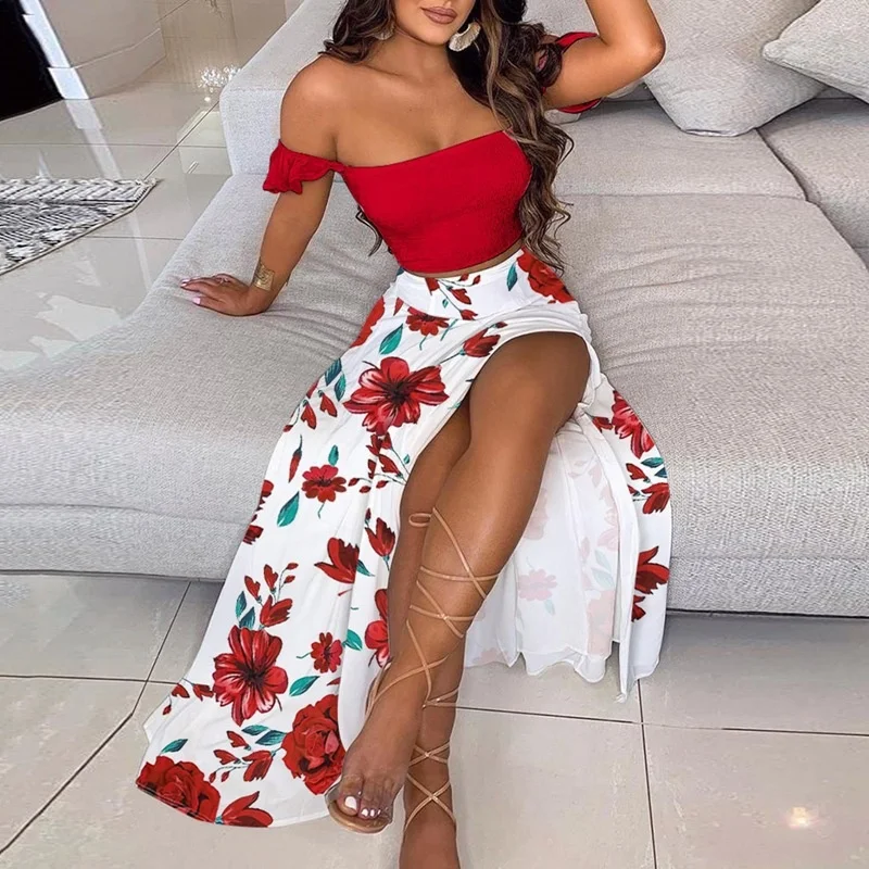 

Summer Elegant Floral Off Shoulder Slit Long Sundress Bohemian Printing Retro Tee Dress Suit Dresses for Women Party Sexy Dress