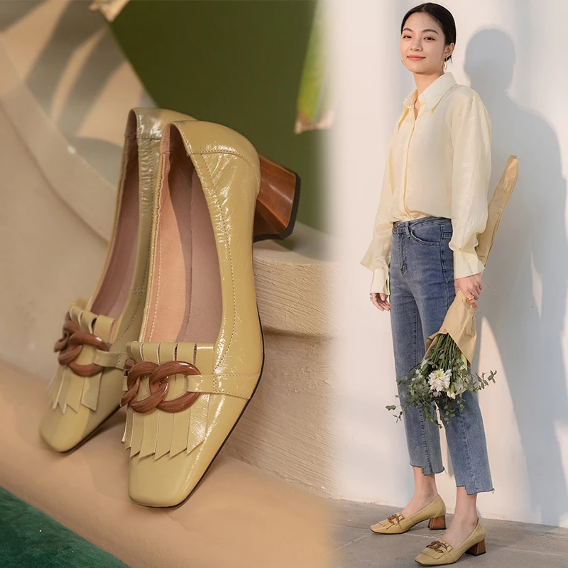 

Shallow Shoes for Women Spring Genuine Leather High Heels Shoes Chain Decoration Woman Pumps Classic Working Female Party Shoes