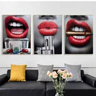 Кровавые красные губы сексуальные губы с пистолетом и деньгами модная Картина на холсте Современный Настенный декор плакат и принты для декора комнаты