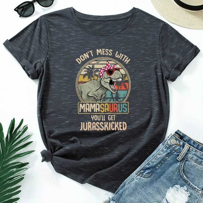 

Summer Cotton Women T Shirt 5XL Plus Size Dinosaur Letters Print Short Sleeve Graphic Tee Tops Casual O-Neck Female TShirt