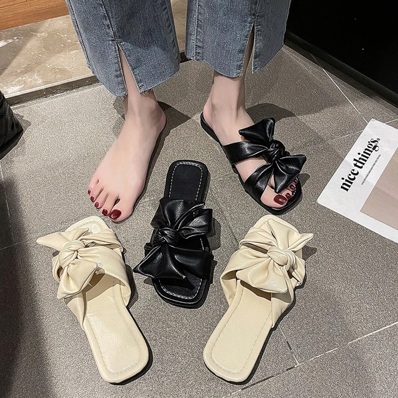 

Shoes Slippers Casual Slipers Women Slides Platform Low Butterfly-Knot Luxury 2021 Summer Flat Butterfly-knot Basic Fashion Rubb