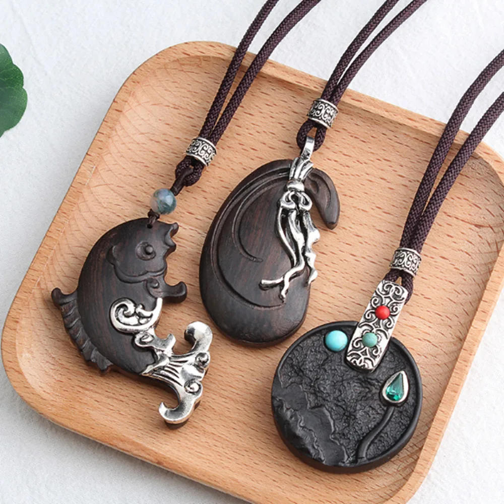 Retro Handmade black Sandalwood alloy Natural Stone Pendant Necklace Sweater Chain N602 |