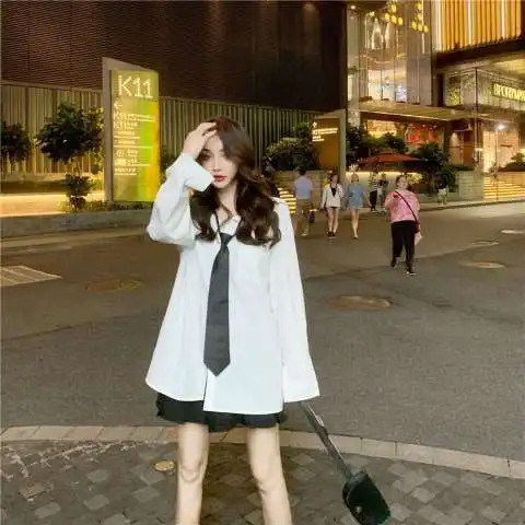 

2021 Japanese Style Spring New Jk Uniform Shirt Student Letter Printing Loose Mid-length White Long-sleeved Tie Shirt Blouse XXL