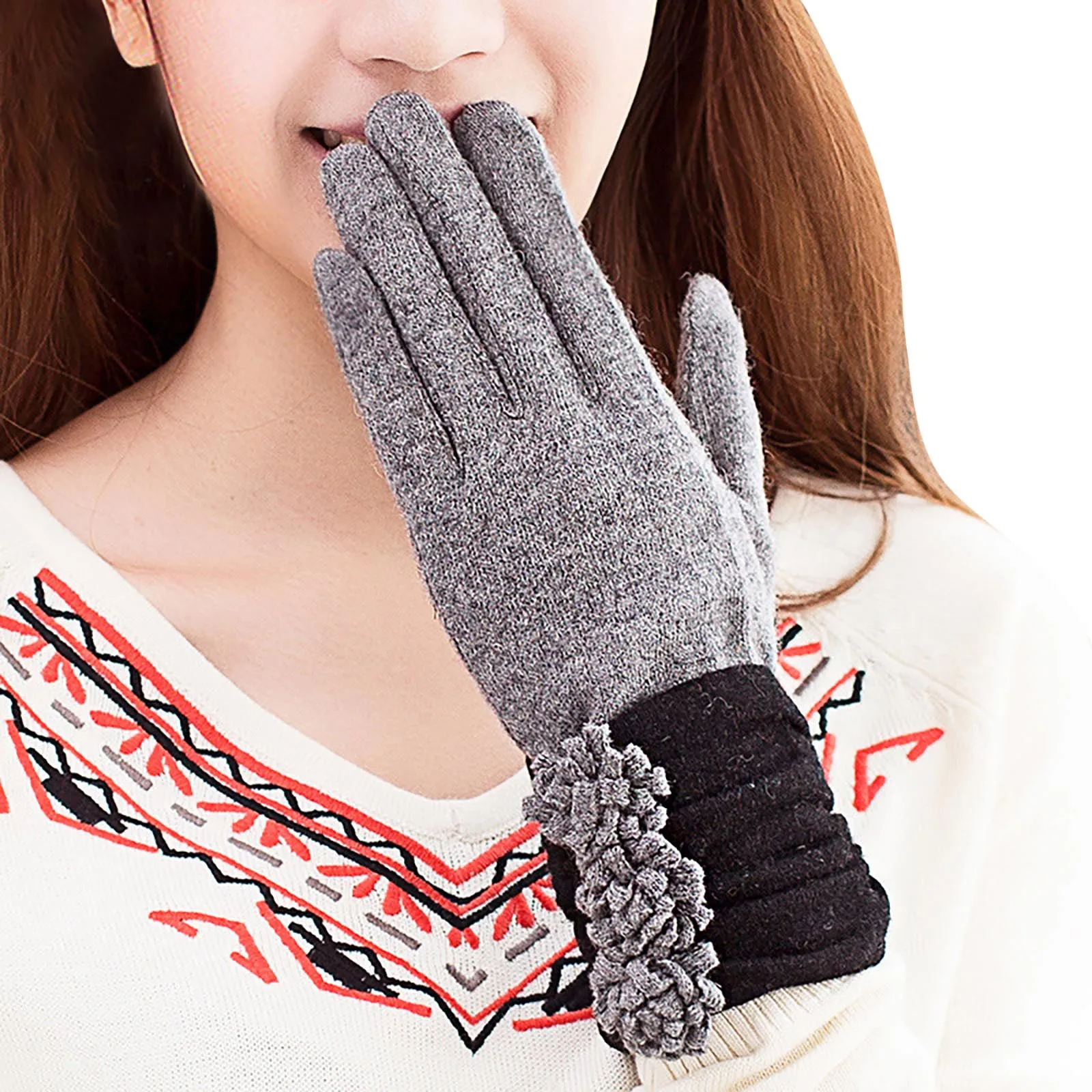 

Women's Wool Plus Velvet Touch Screen Gloves Korean Sweet And Fresh Thin Section Warmth Full Finger Cycling Ski Outdoor Gloves