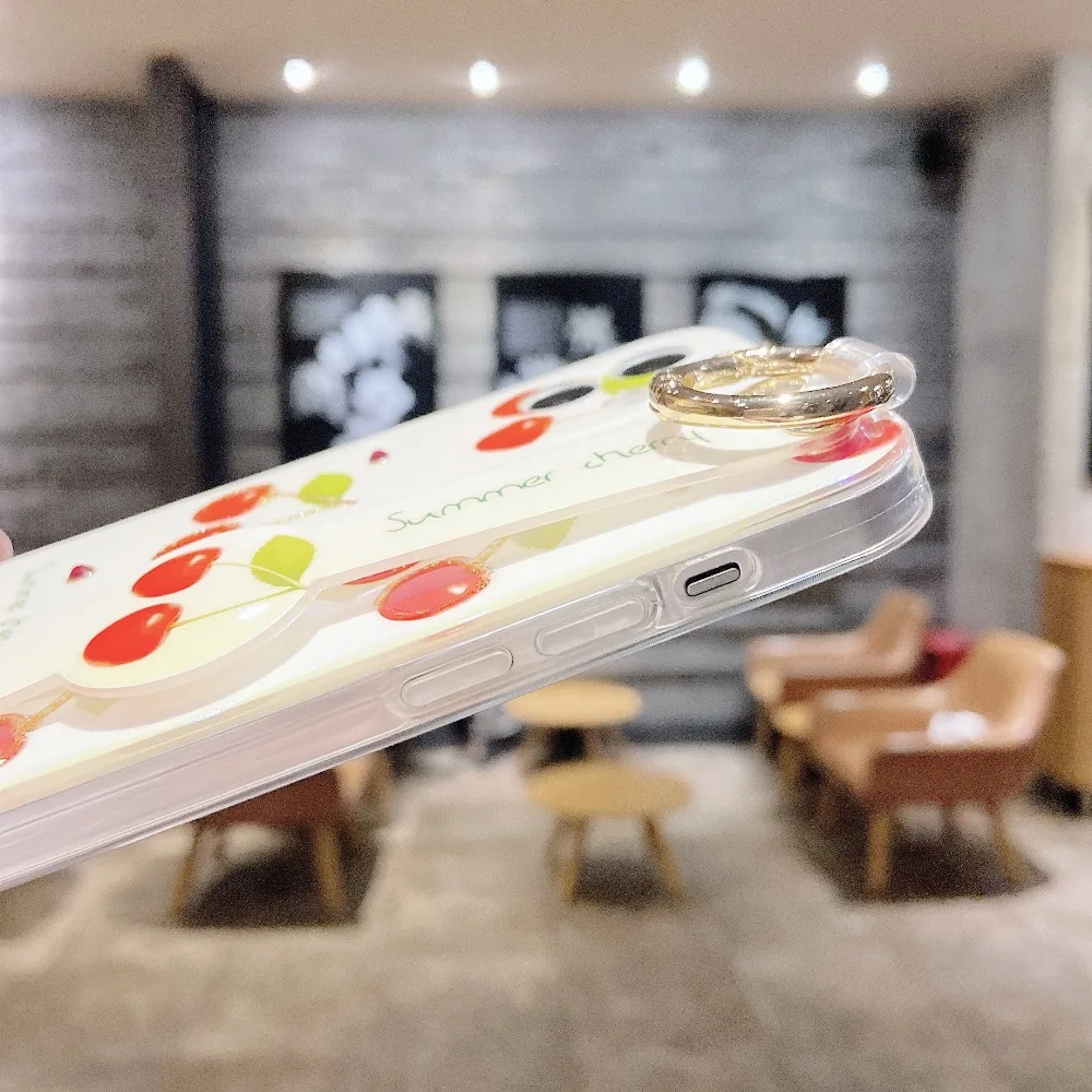 

sumkeymi Cute Cherry Blu-ray Wrist Strap Soft Silicone Cover Phone Case For iphone 11 12 Pro Max XS XR 7 8 Plus