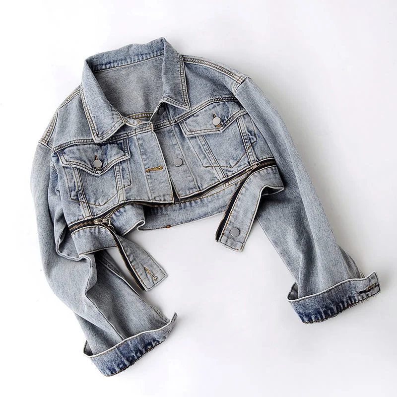 Женская джинсовая куртка на молнии универсальная Короткая свободная с длинным