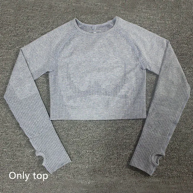 Gray blue top Комплект для йоги из 3 предметов, бесшовные леггинсы+ спортивный бюстгальтер+ укороченный топ с длинными рукавами, женская одежда для зала и бега, спортивный костюм для фитнеса с высокой талией - Цвет: Gray blue top