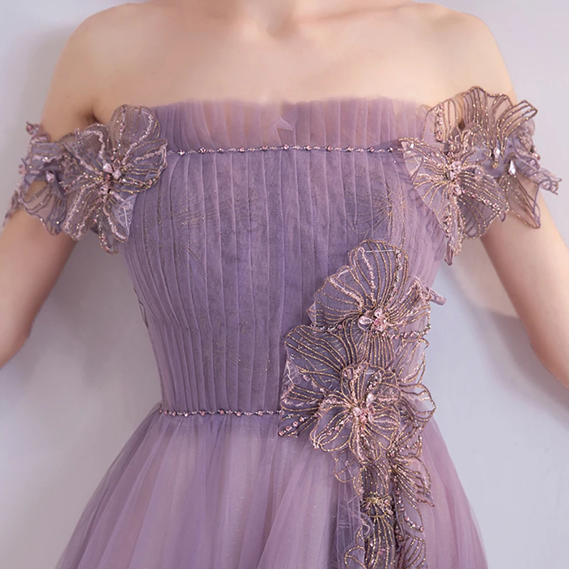 

Purple Evening Dress Illuision Off The Shoulder Lace Beading Pearls Appliques Court Train Hot Floral Women Formal Dresses TS057