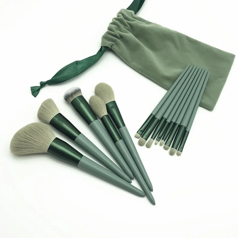 13pcs Green Makeup Brush Set Blush Brush Red Loose Powder Repairing Brush Cosmetic Tools