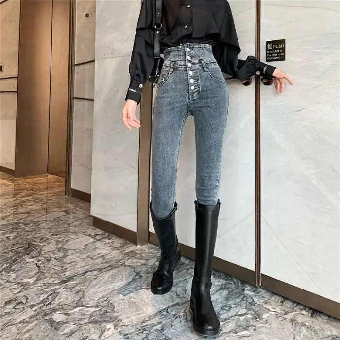 

Woman Jeans Pants Autumn Breasted High Waist Skinny Pants Women's Blue Gray Pants Pencil Pants
