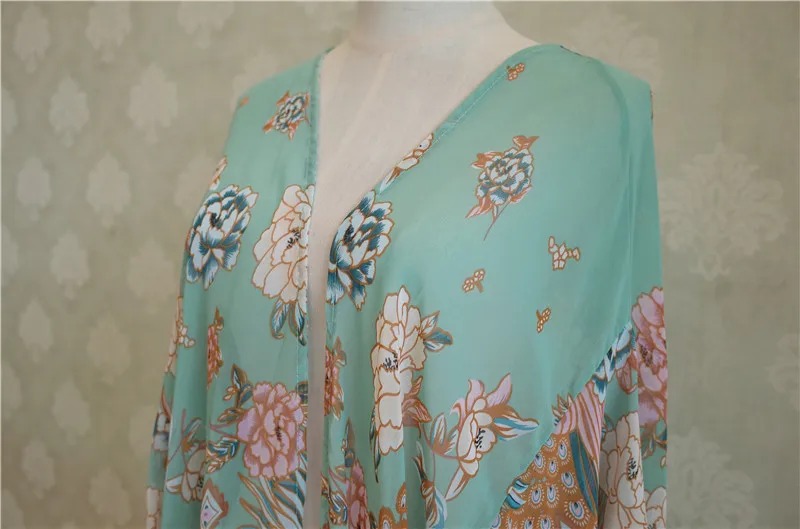 Bohemian Printed Ankle Length Beach Cover Up Plus Size Women Summer Beachwear Chiffon Bathing Suit Coverup Kimono Cardigan N23