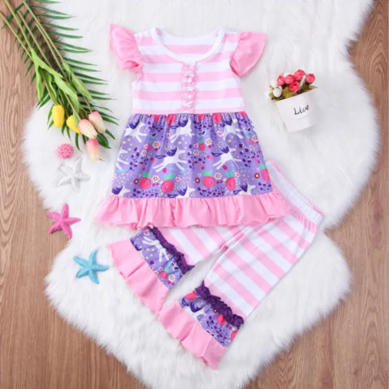 

Wholesale Cheap Baby Clothes Unicorn Printed Girls Summer Boutique Children Clothing Set Fly Sleeve Striped Kids Wear