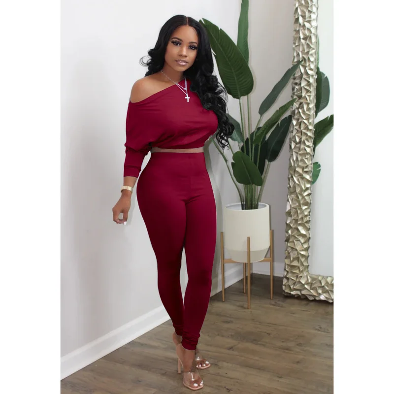 

2021 Fall Fashion Women's 2-piece Suit Long Sleeve Off Shoulder Cropped Top + High Waist Leggings Casual Outdoor Ladies Suit
