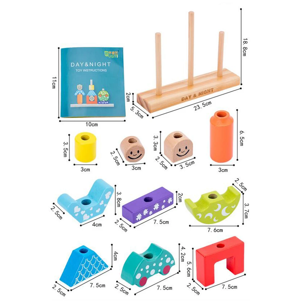 

Wooden Cartoon Day Night Pillar Blocks DIY Building Early Learning Baby Toy