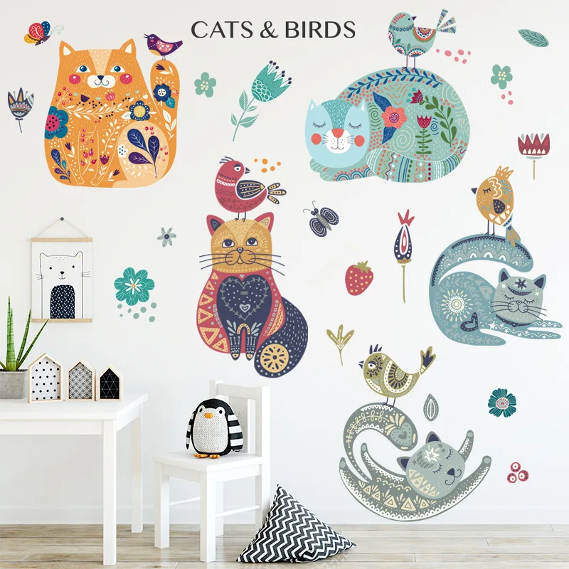 

Cartoon Lovely Cat Birds Wall Stickers for Teenagers Room Bedroom Self Adhesive Wallpaper Aesthetic Art Poster DIY Vinyl Decals