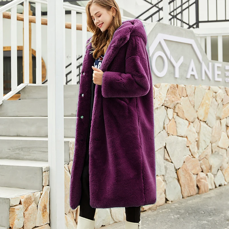 

Women Winter Hooded Faux Rabbit Fur Coat Luxury Long Fur Jacket Coats Thick Warm Oversized Loose Overcoat Outerwear Plush Coats