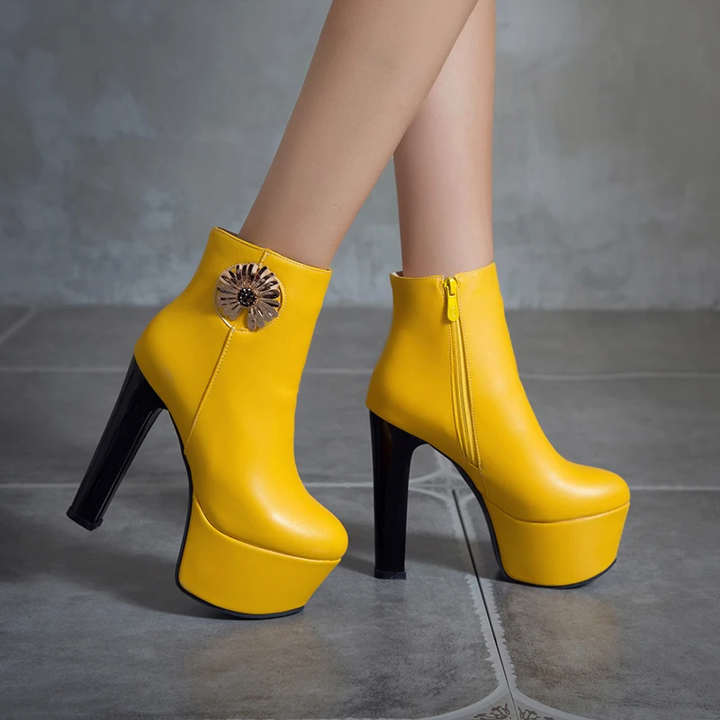 

New Winter Women Shoes Bright Color Imitation Leather Platform Ladies Ankle Boots Autumn Spring Side Zipper Super High Heel Boot