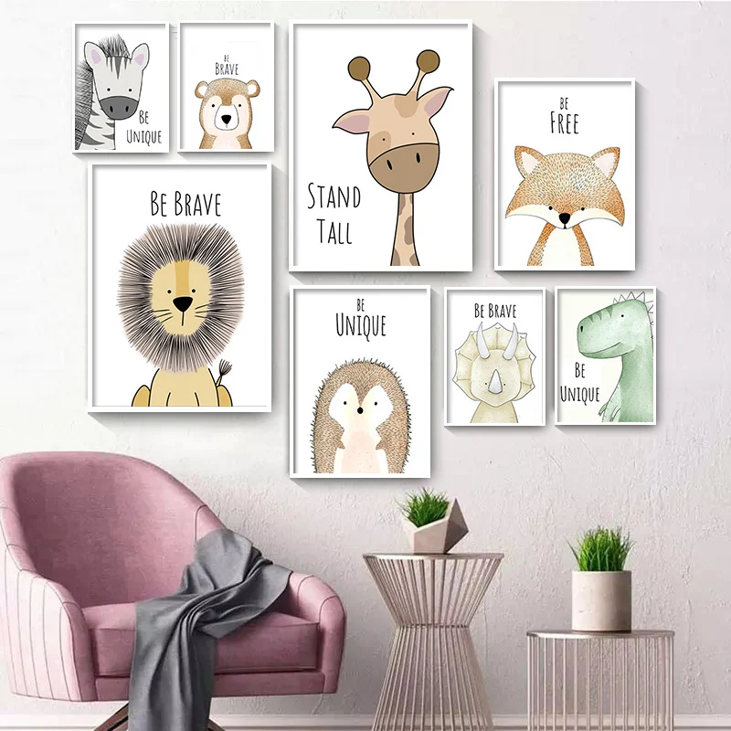 

Canvas Painting Cute Cartoon Animal Decorative Pictures Be Brave Be Strong Kid's Room Kindergarten Wall Art Print Posters