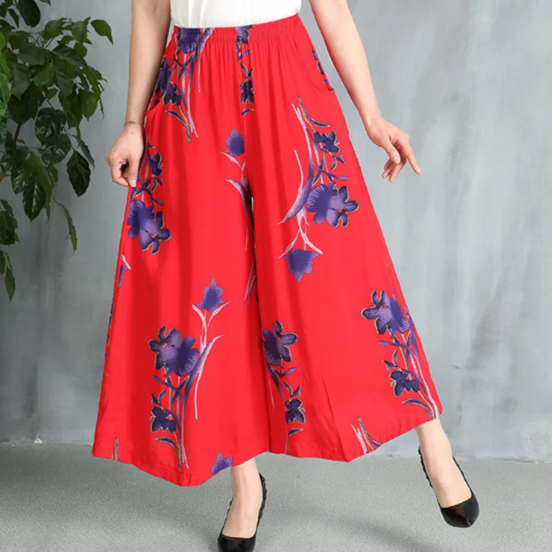 #0662 широкие брюки с принтом для женщин среднего возраста хлопковые летние