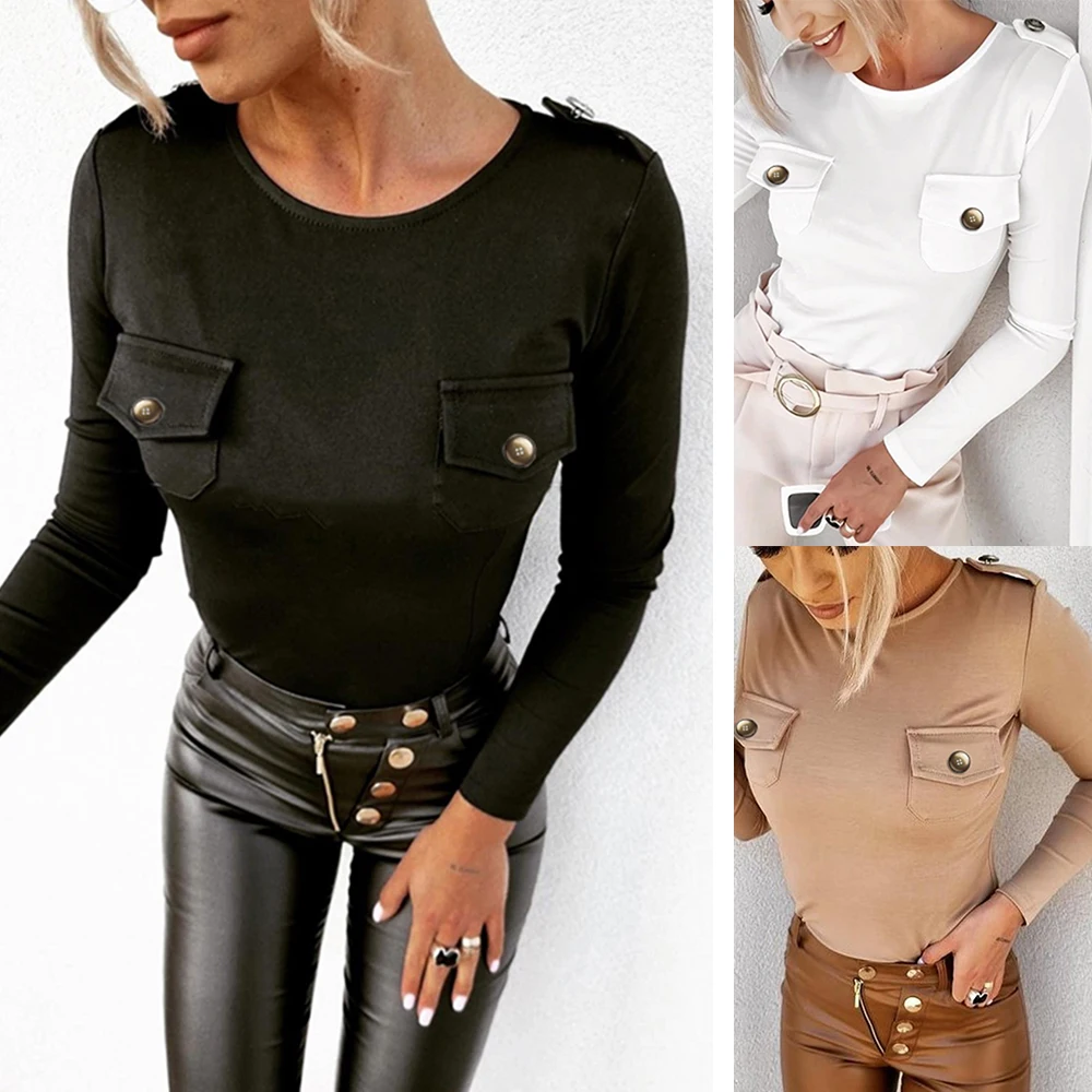 

Женская облегающая Однотонная футболка с карманами, круглым вырезом и длинным рукавом