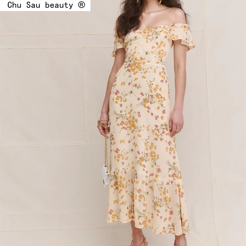 

Французская старинная пастырской шик Цветочный принт платье 2021 Лето Новое сексуальное платье без бретелек с вырезом лодочкой длинная юбка ...