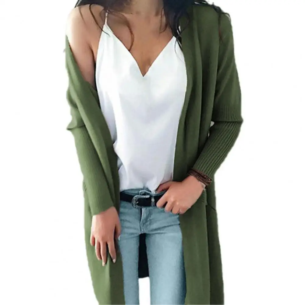 

Office Lady Loose Cardigan Solid Color Double Pockets Autumn Winter Long Sleeve Ladies Casual Knitted Coat Streetwear