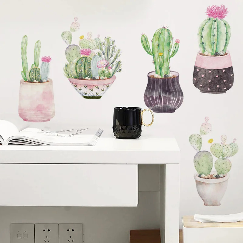 

Water color Cactus potted wall sticker living room background decoration mural bedroom decals home decor stickers PVC wallpaper