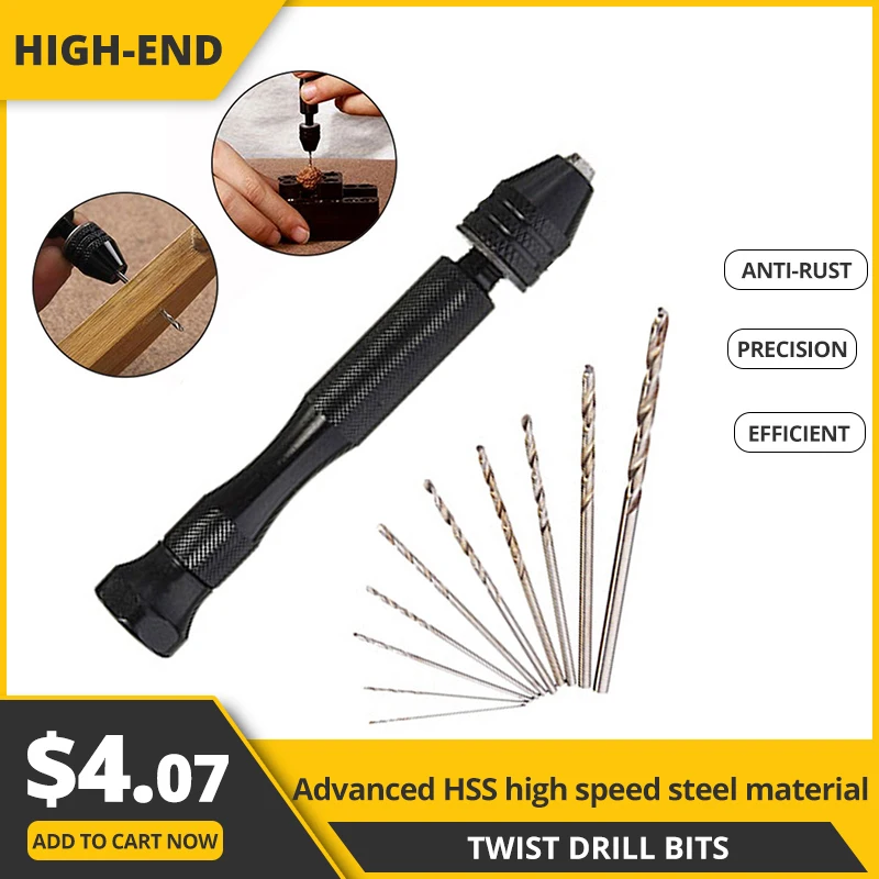 

Mini Micro Aluminum Hand Drill With Keyless Chuck +10pcs Alloy Steel Twist Drill Rotary Tool for Wood Jewelry Walnut0.3-3.4mm