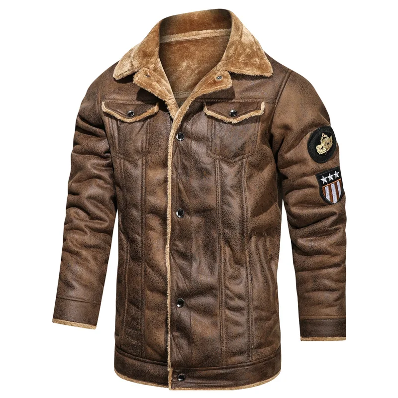 

Men's Winter Casual Bussiness Long Warm Fleece PU Leather Jacket Male Outwear Thick Coats Motor Vintage Faux Leather Jackets