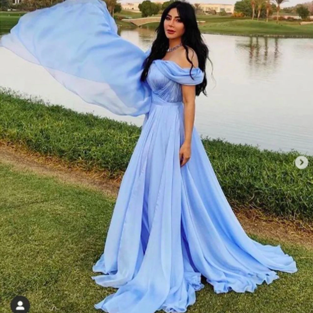 

blue prom dresses 2022 off the shoulder pleats a line chiffon pleats long a line long evening dresses gowns