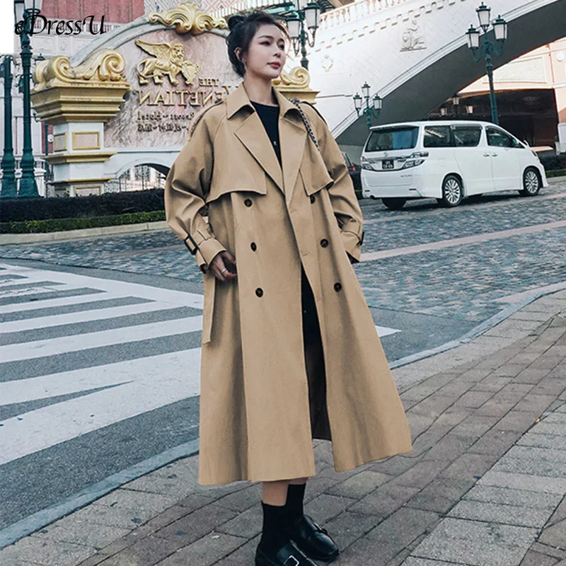 

Женский свободный Тренч eDressU, Длинная ветровка цвета хаки с поясом в Корейском стиле, Повседневная куртка SY-5508