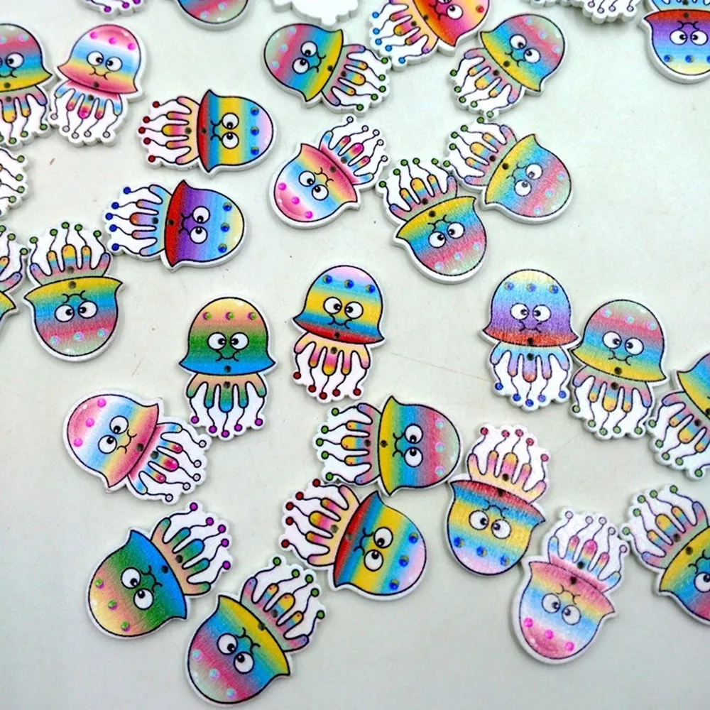 100 шт многоцветные милые Мультяшные Медузы деревянные пуговицы с рисунком 2