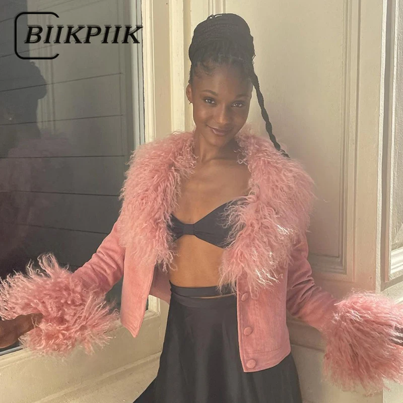 

Женское вельветовое пальто BIIKPIIK с длинным рукавом, с пэчворком из искусственного меха, однотонный однобортный Кардиган, куртки, осенне-зимн...