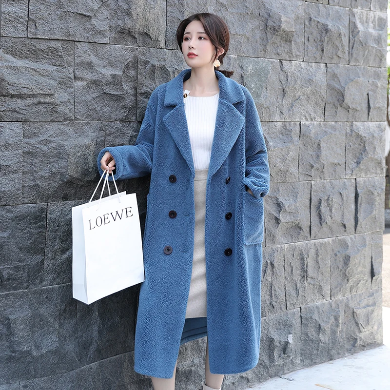 

2021 New Grain Cashmere Coat Female Long Section Double Breasted Full Sleeve Loose Compound Lamb Fur Fur Grass Coat Tide S-XL