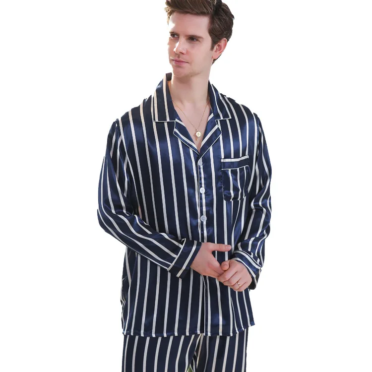 

Striped Mens Pyjamas Silky Pajama Set Pijamas Para Hombres Erkek Pijama Long Sleeve Printed Silk Thin Home Service Suit Fashion