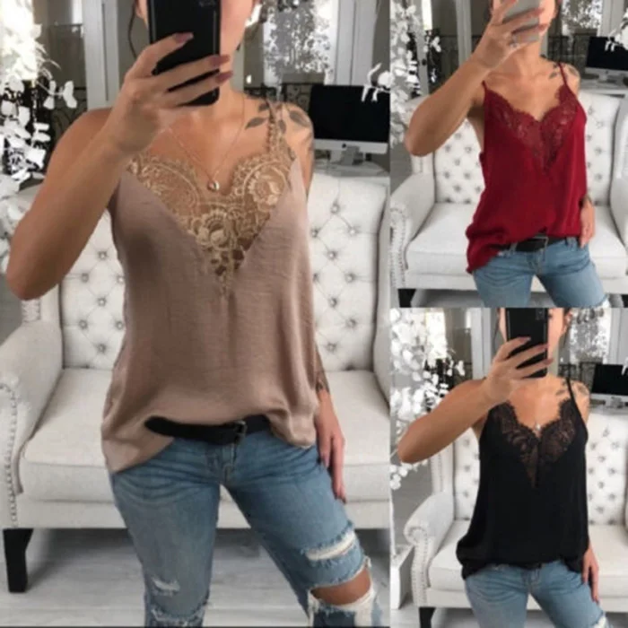 Women Lace Vest Strappy Sleeveless V Neck Loose Slim Fit Tank Tops for Summer KNG88