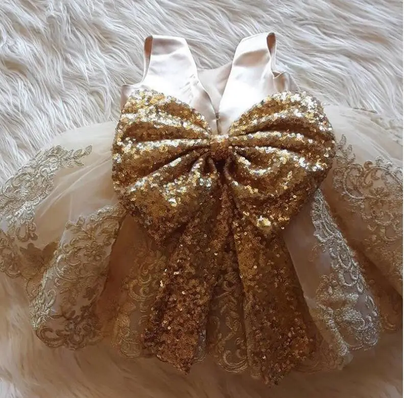 

Sequin Tulle Baby Girl Dress Golden Lace Bow Pageant Christening Gown Newborn Baptism Clothing Infant 1 Year Birthday Outfits